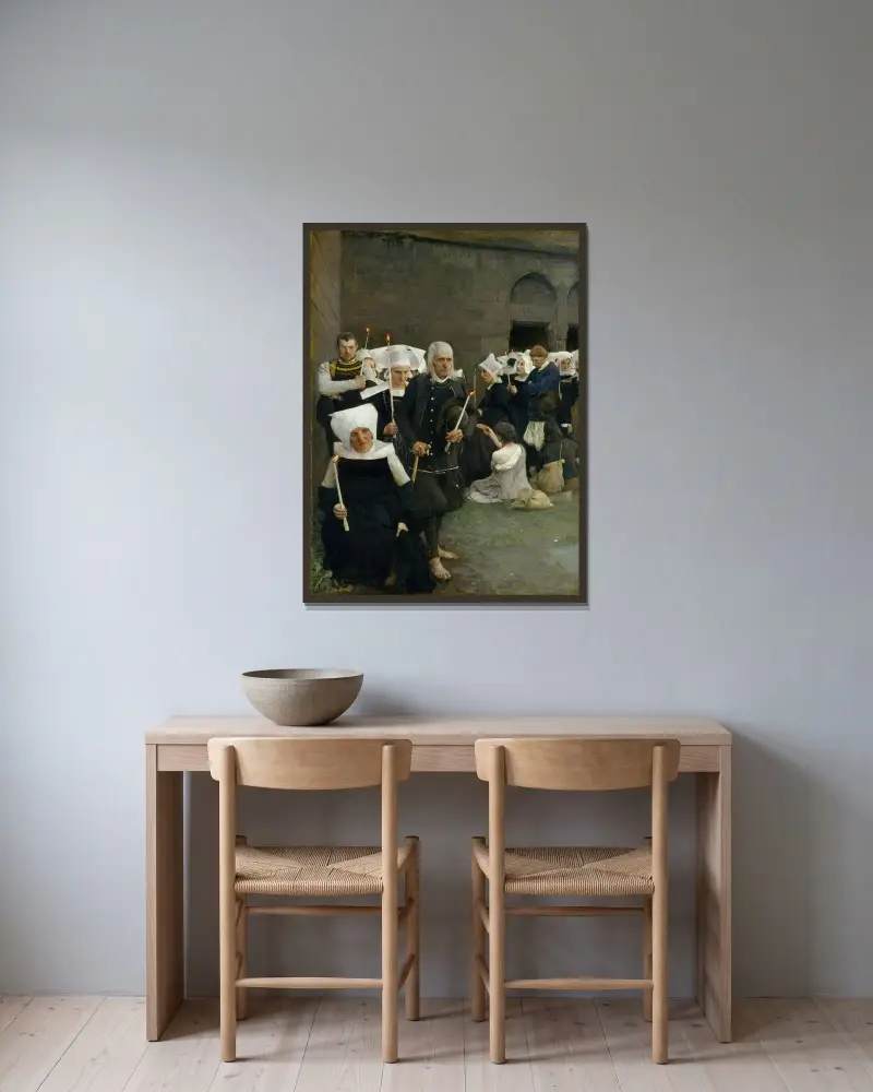 Förlåtelsen i Bretagne av Pascal-Adolphe-Jean Dagnan-Bouveret inramad på en vägg