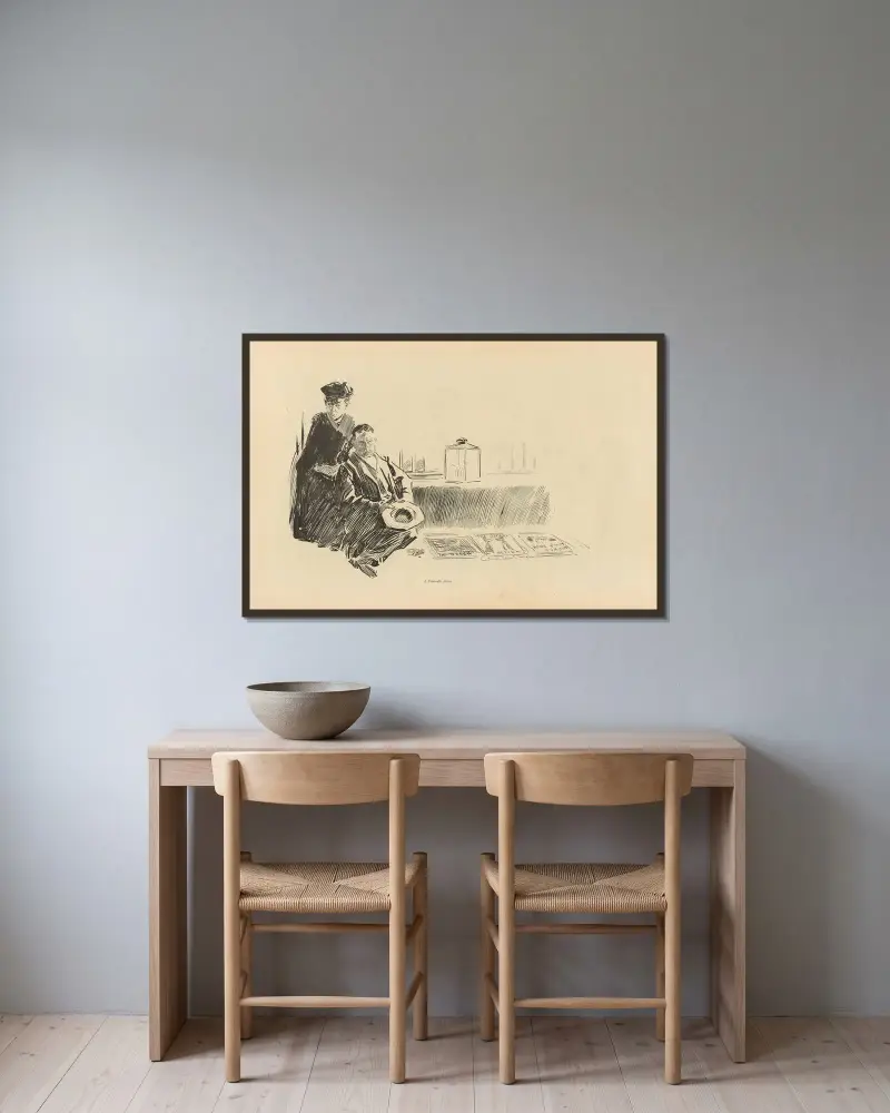 En trottoarkonstnär av Charles Dana Gibson inramad på en vägg