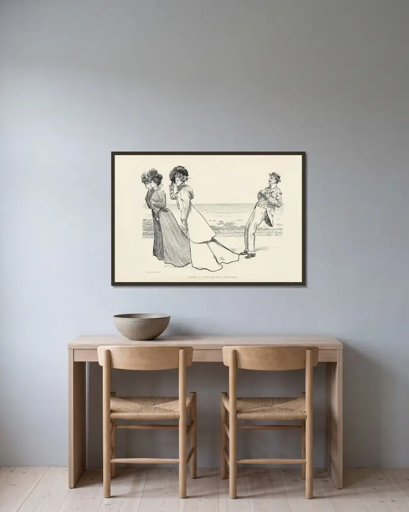 Olycka med en ung man med svagt hjärta av Charles Dana Gibson inramad på en vägg