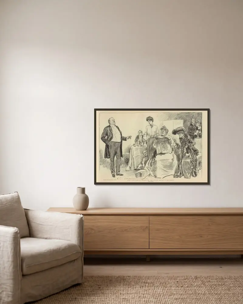 After some years of waiting, Mr. Tagg at last appears in the society columns av Charles Dana Gibson inramad på en vägg