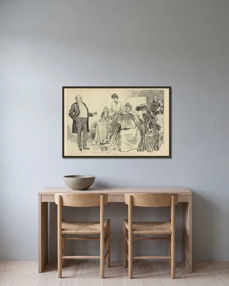 After some years of waiting, Mr. Tagg at last appears in the society columns av Charles Dana Gibson inramad på en vägg