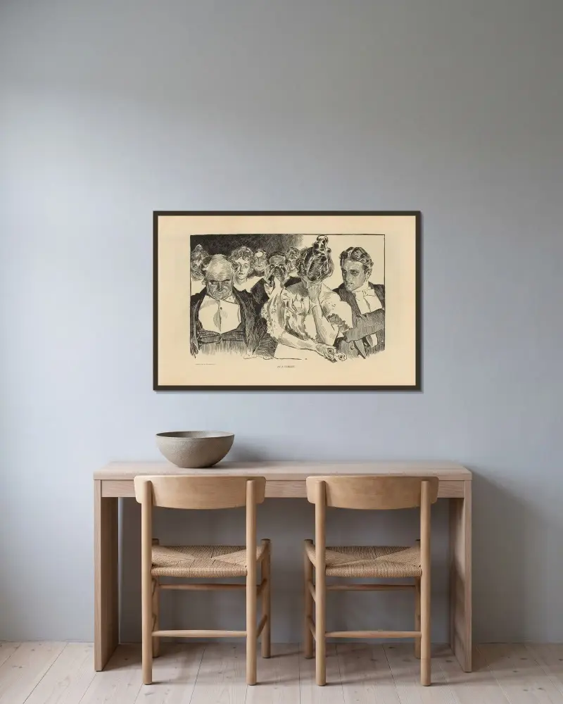 Bei einer Komödie, 1893 von Charles Dana Gibson gerahmt an einer Wand