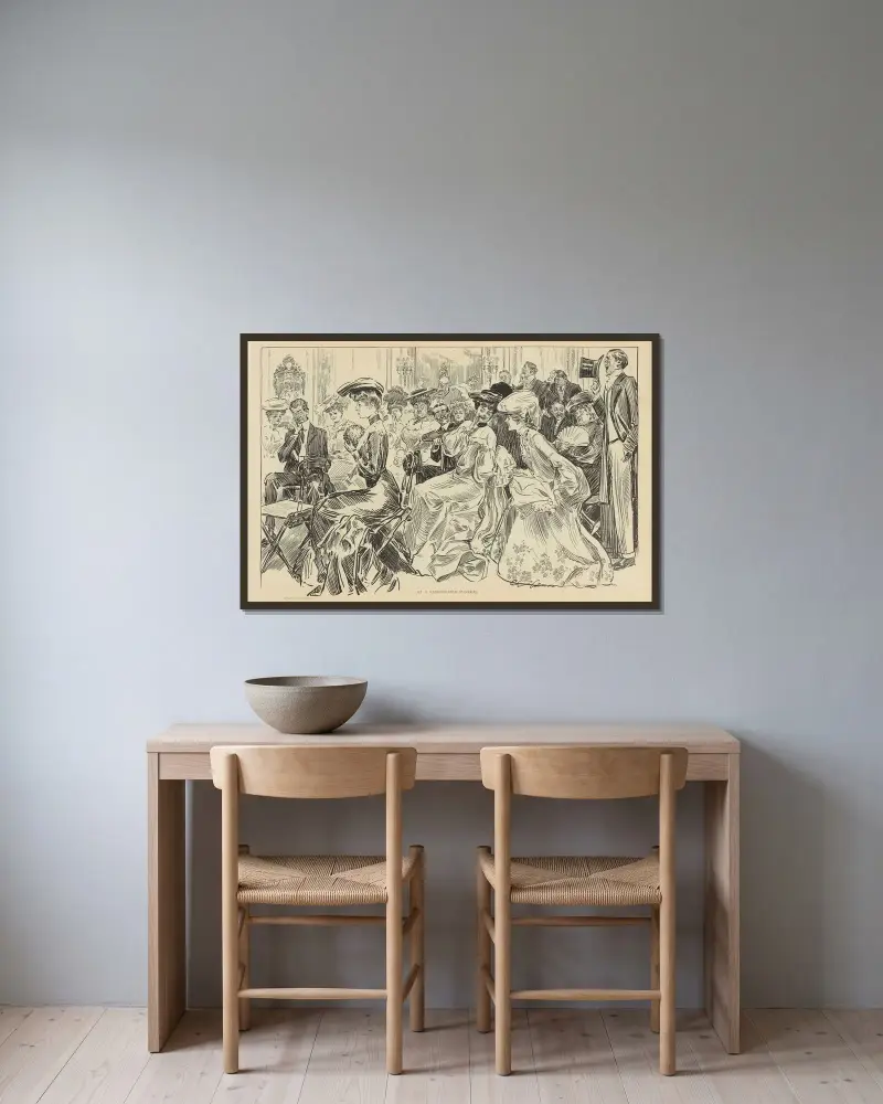 På en fashionabel begravning av Charles Dana Gibson inramad på en vägg