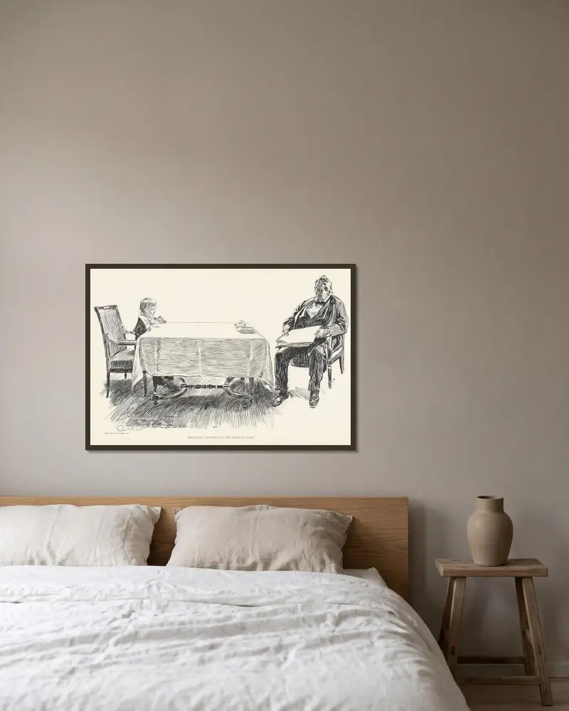 Frukost – havregrynsgröt och morgontidningen av Charles Dana Gibson inramad på en vägg
