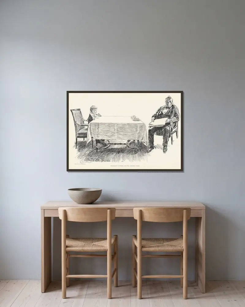 Frukost – havregrynsgröt och morgontidningen av Charles Dana Gibson inramad på en vägg