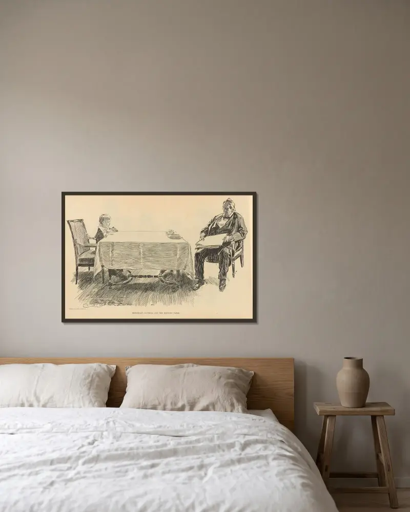 Frukost – havregrynsgröt och morgontidningen av Charles Dana Gibson inramad på en vägg