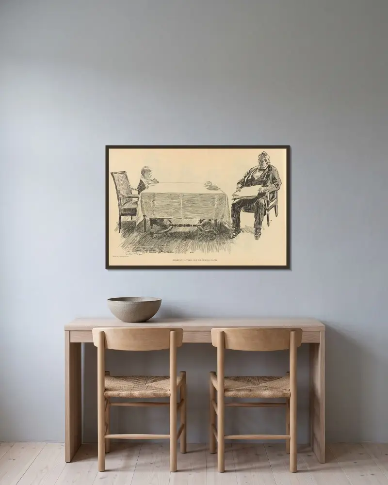 Frukost – havregrynsgröt och morgontidningen av Charles Dana Gibson inramad på en vägg