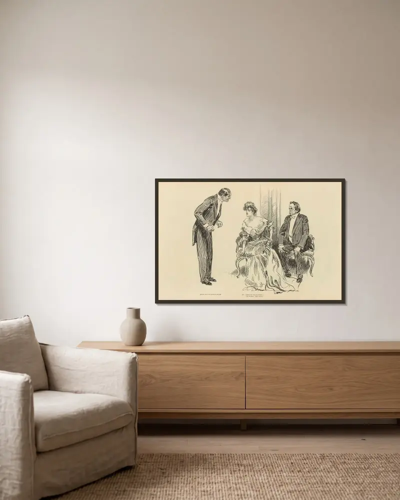 He; ‘Shall we talk or dance’ av Charles Dana Gibson inramad på en vägg