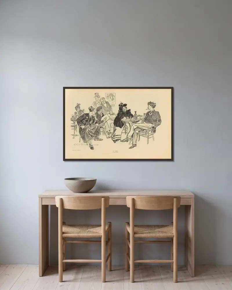 I Paris. En kafékonstnär av Charles Dana Gibson inramad på en vägg