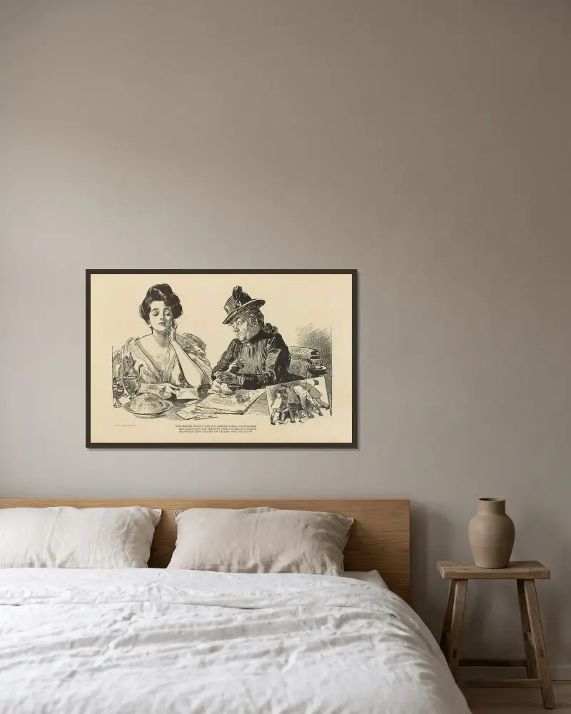 Miss Babbles brings a copy of a morning paper av Charles Dana Gibson inramad på en vägg