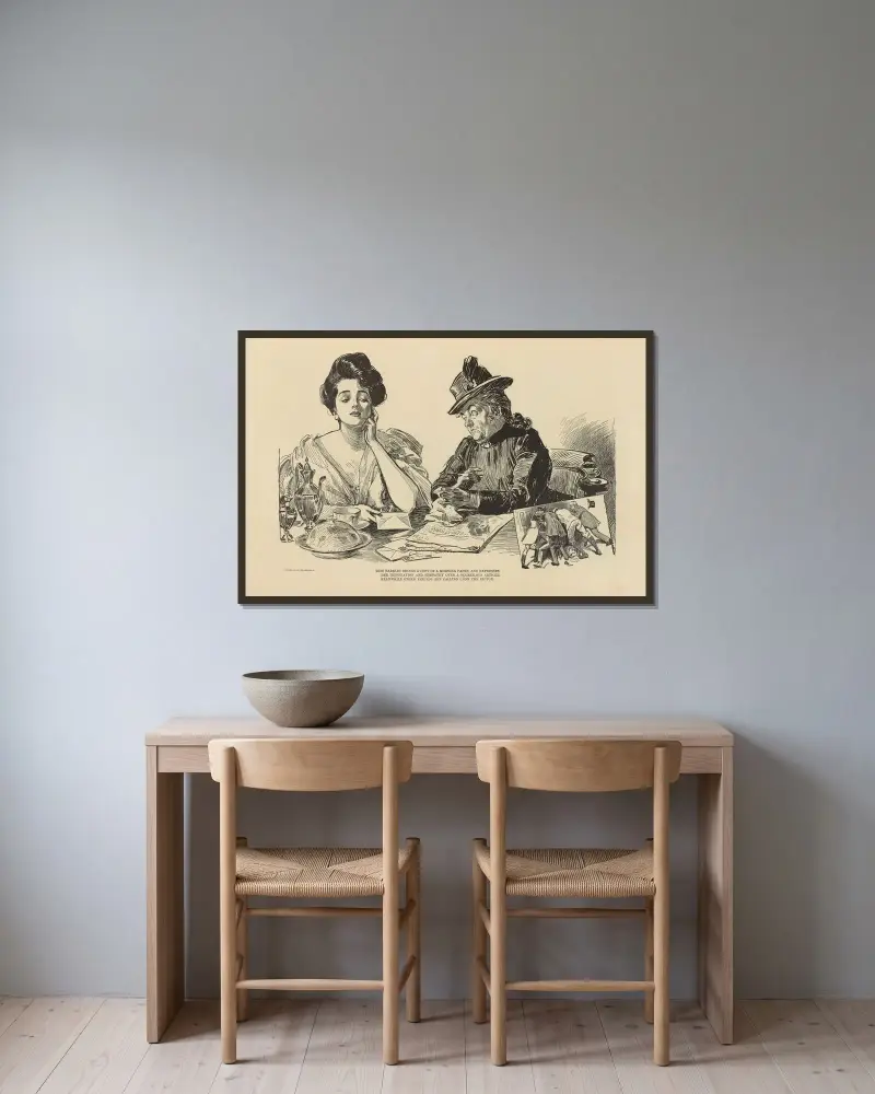 Miss Babbles brings a copy of a morning paper av Charles Dana Gibson inramad på en vägg