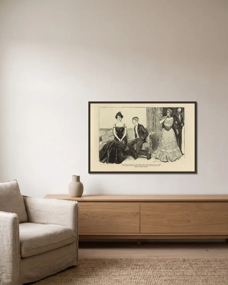 Mrs. Diggs larmas av att upptäcka vad hon tror är en fälla… av Charles Dana Gibson inramad på en vägg
