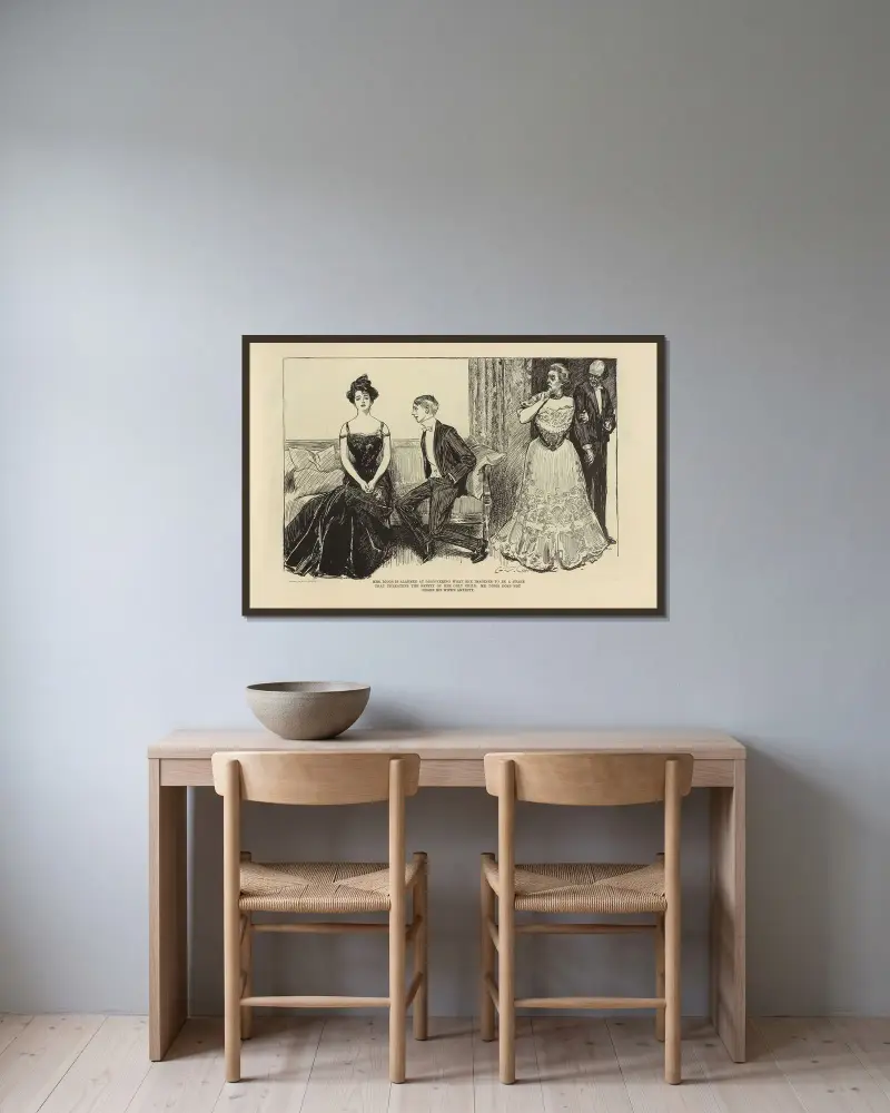 Mrs. Diggs larmas av att upptäcka vad hon tror är en fälla… av Charles Dana Gibson inramad på en vägg