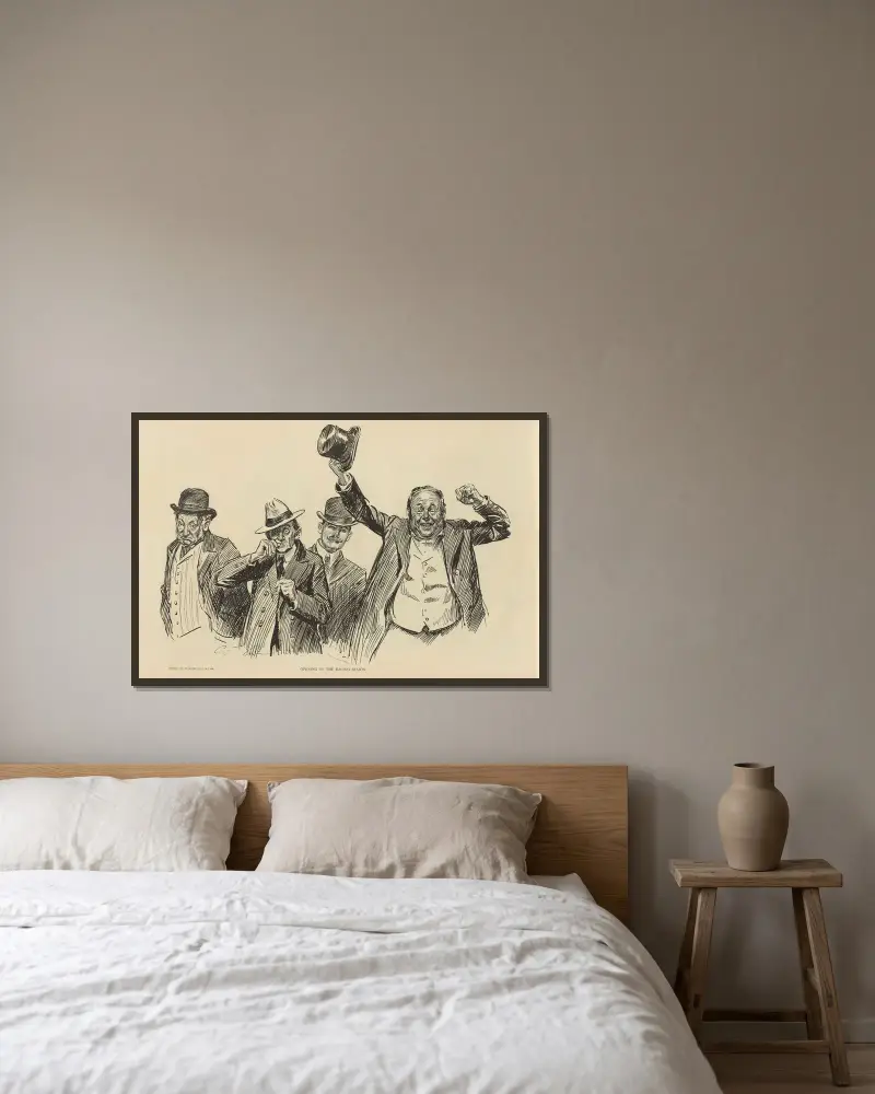 Öppningen av kapplöpningssäsongen av Charles Dana Gibson inramad på en vägg