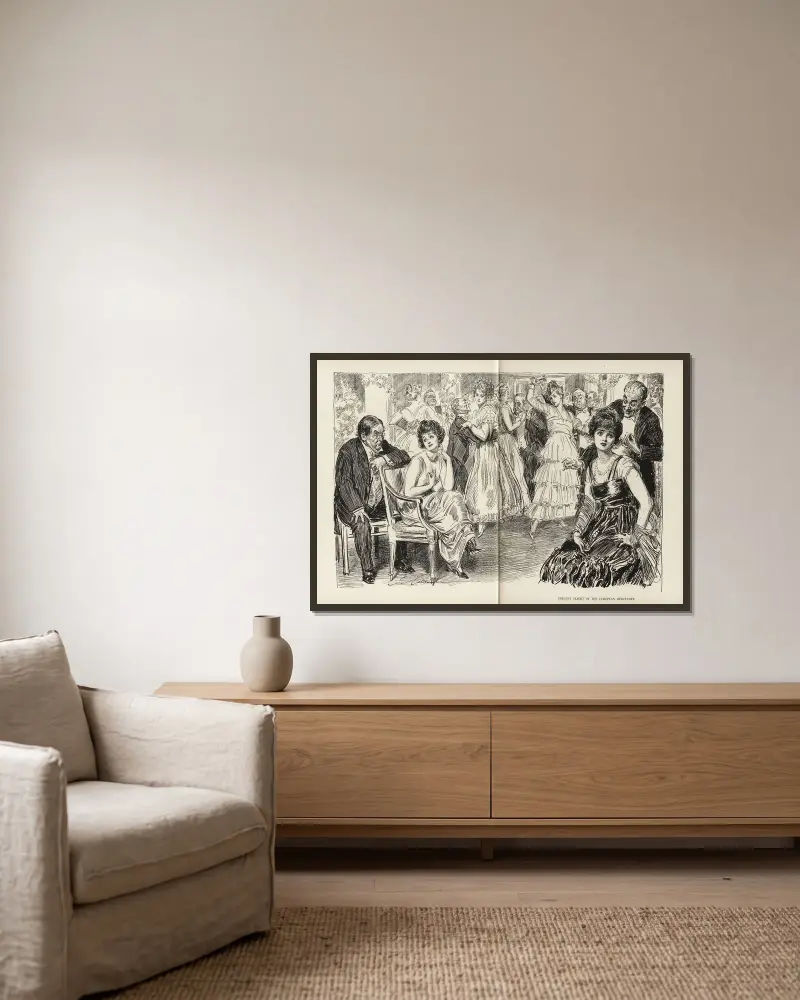 Die missliche Lage der europäischen Debütantin von Charles Dana Gibson gerahmt an einer Wand