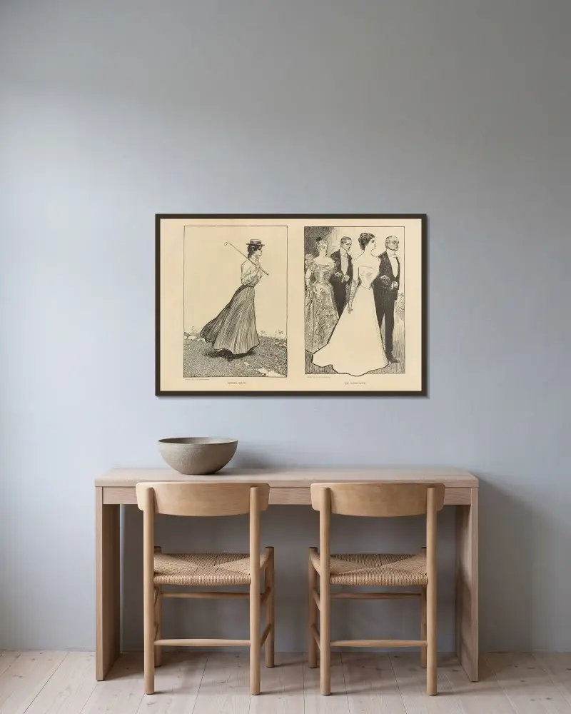 Skolåren. Debutanten av Charles Dana Gibson inramad på en vägg
