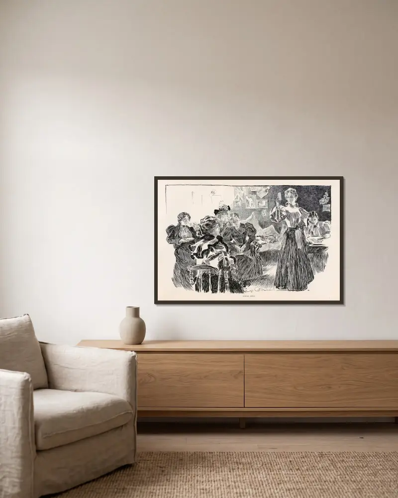 Skolflickor av Charles Dana Gibson inramad på en vägg
