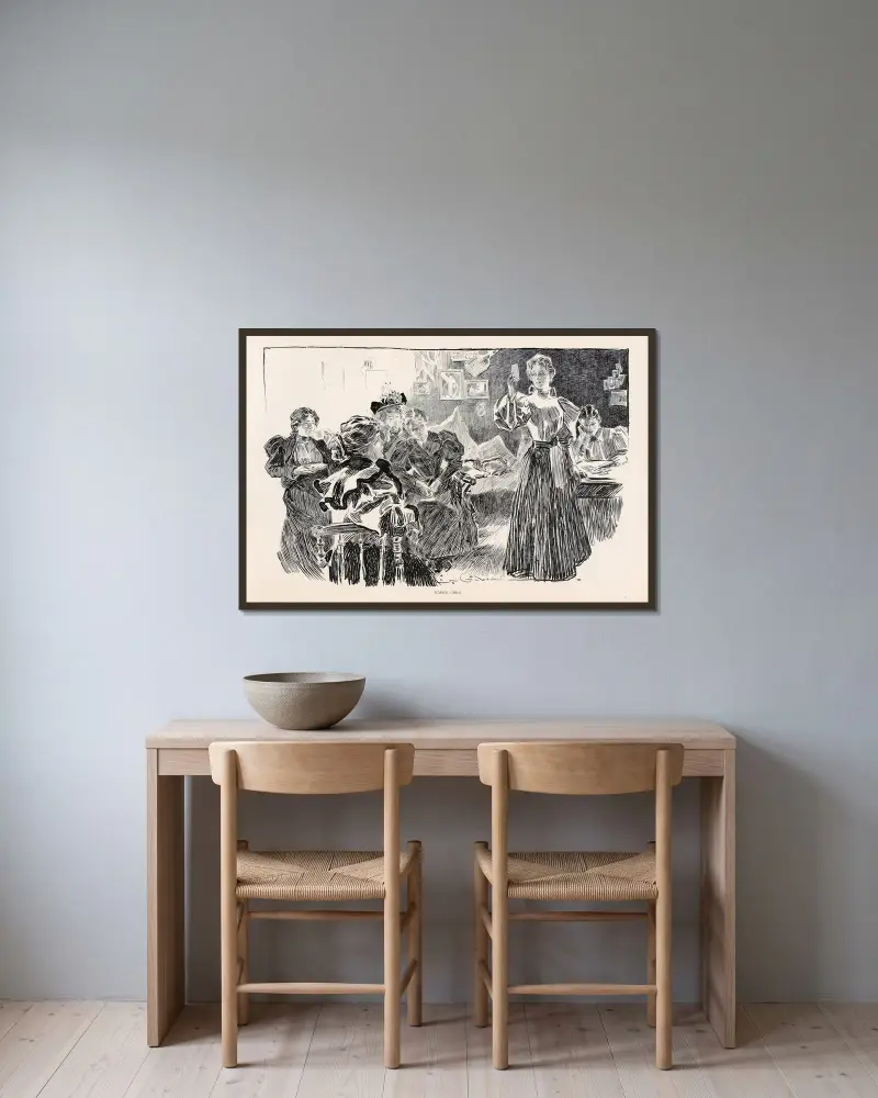 Skolflickor av Charles Dana Gibson inramad på en vägg