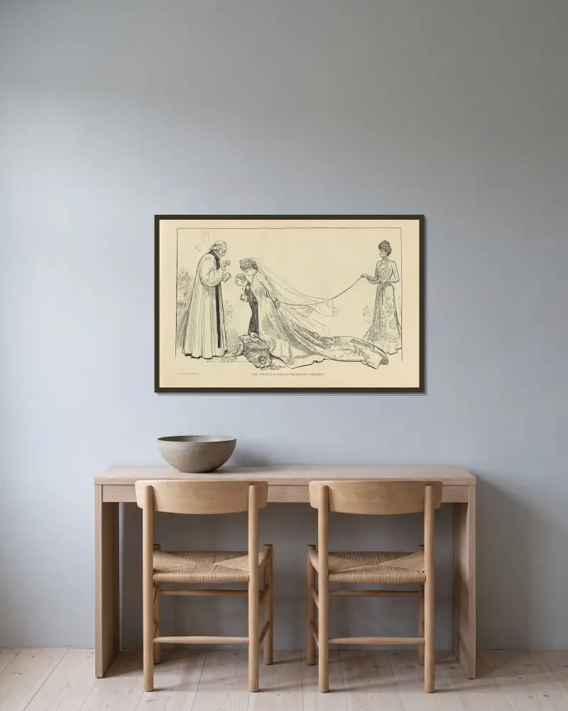 Den ambitiösa modern och den tillmötesgående prästen av Charles Dana Gibson inramad på en vägg