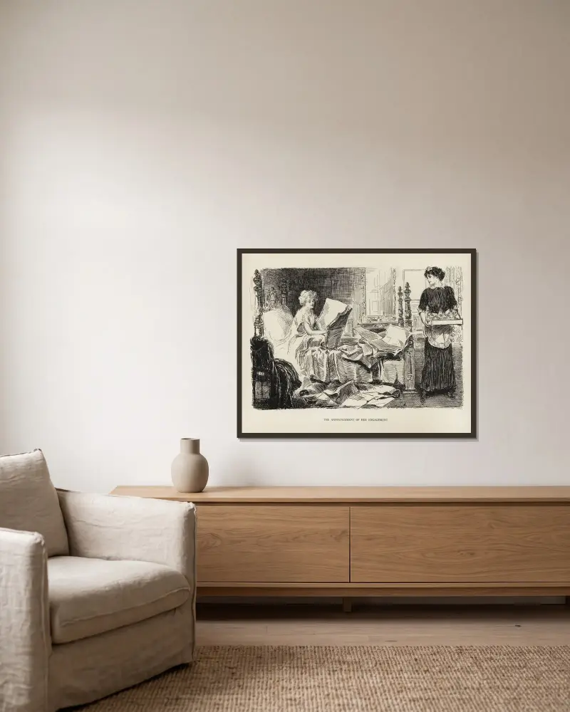 Tillkännagivandet av hennes förlovning av Charles Dana Gibson inramad på en vägg