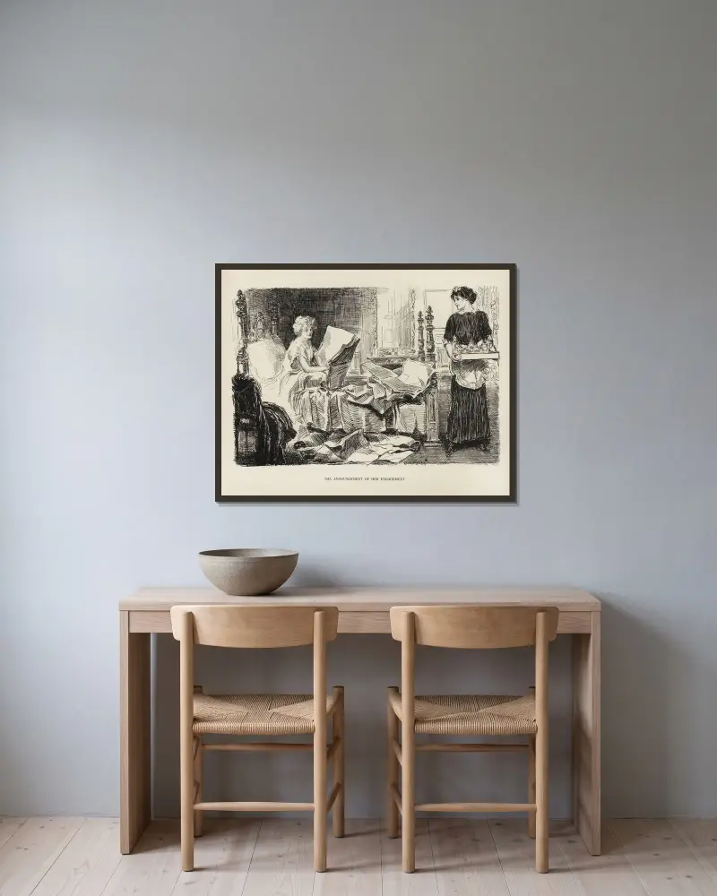 Tillkännagivandet av hennes förlovning av Charles Dana Gibson inramad på en vägg