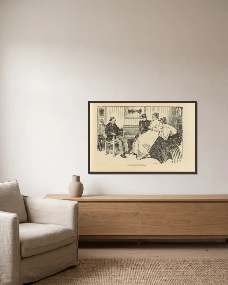 Die Erziehung von Mr. Pipp. Eine Auslandsreise wird von Mrs. Plpp und den Mädchen vorgeschlagen von Charles Dana Gibson gerahmt an einer Wand