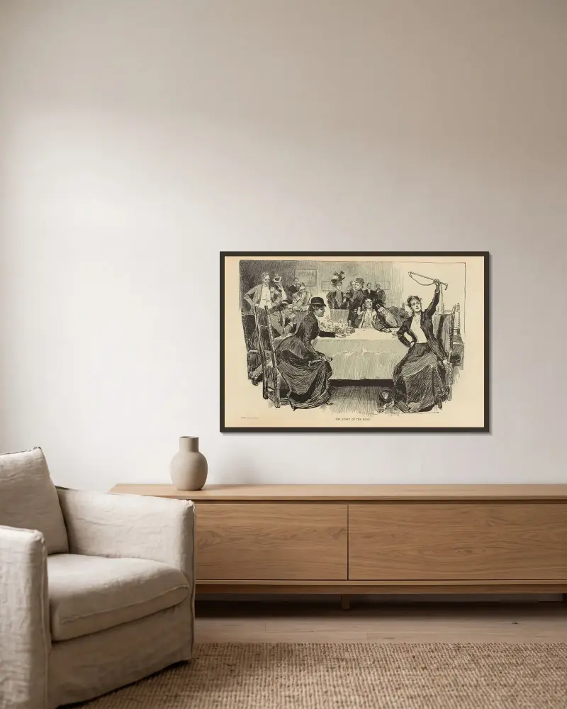 Jakthistorien av Charles Dana Gibson inramad på en vägg