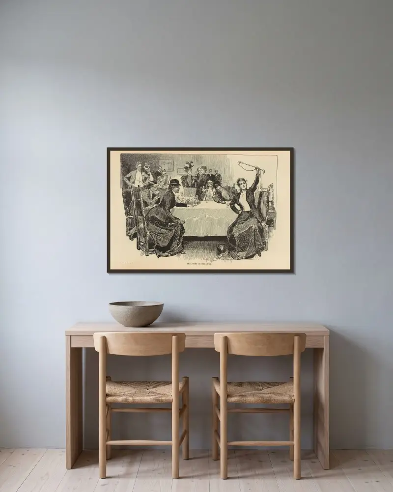 Jakthistorien av Charles Dana Gibson inramad på en vägg