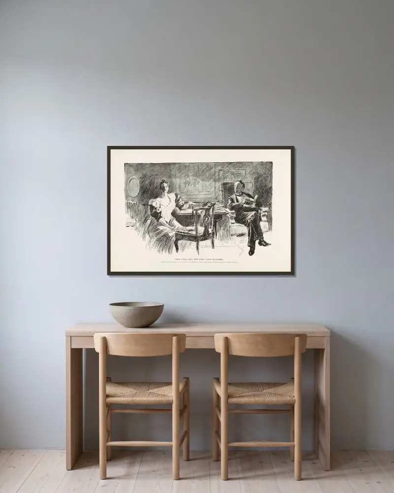 Dessa unga flickor gifter sig med äldre miljonärer av Charles Dana Gibson inramad på en vägg