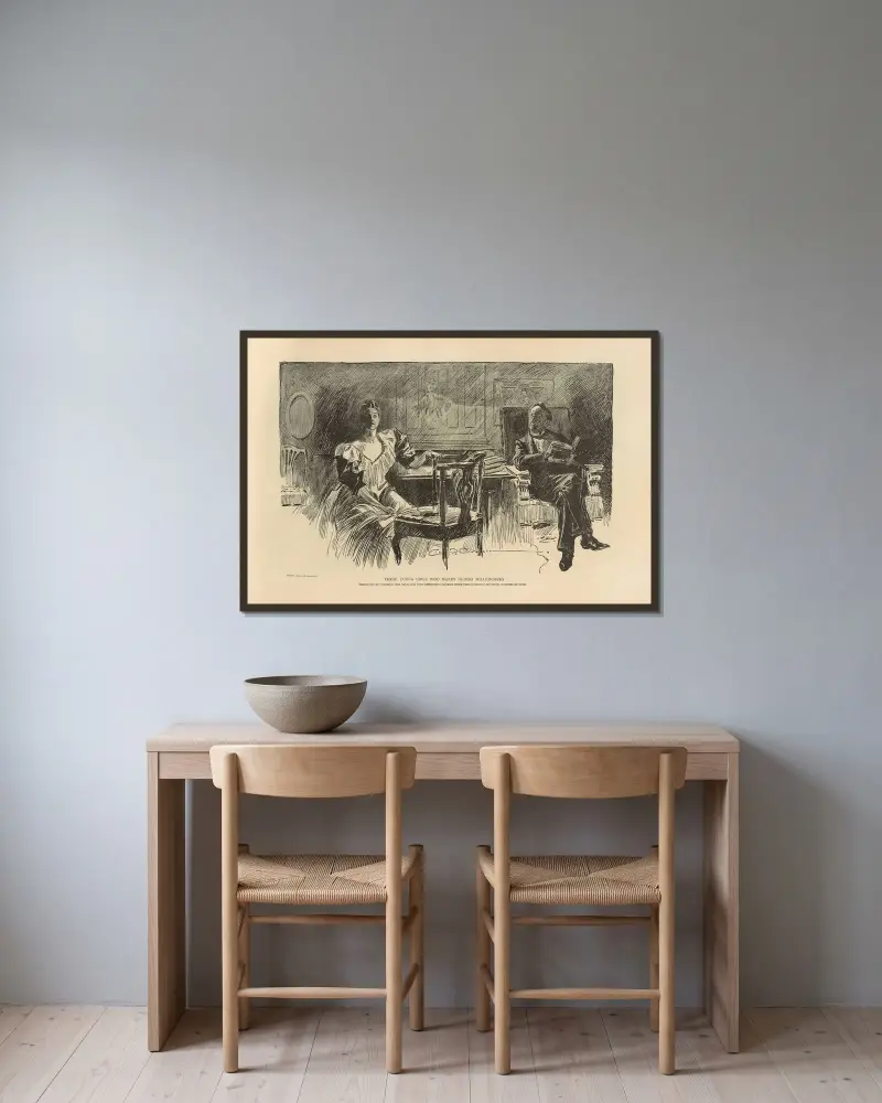 Dessa unga flickor som gifter sig med äldre miljonärer av Charles Dana Gibson inramad på en vägg