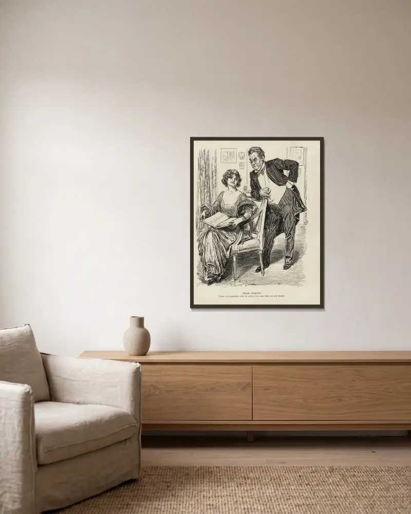 Tragische Momente – Der Versuch, anerkennend zu sein, während der Autor der Verse über deine Schulter blickt von Charles Dana Gibson gerahmt an einer Wand