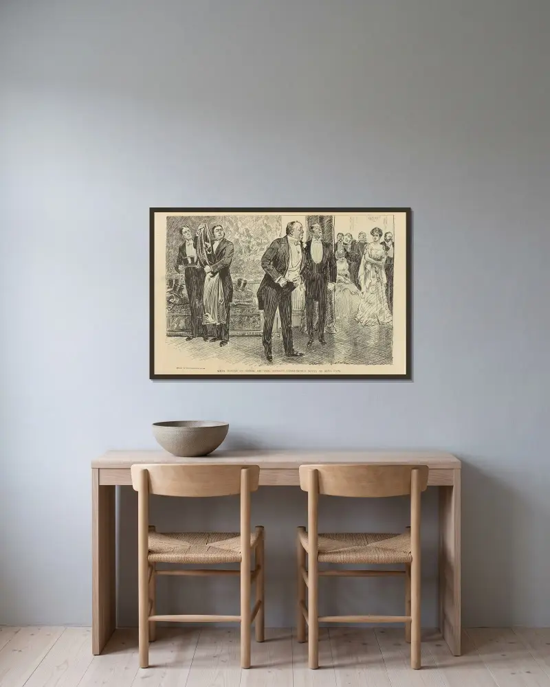 När Mr. Tagg bjuds på middag väcker han stor uppmärksamhet genom att komma sent av Charles Dana Gibson inramad på en vägg