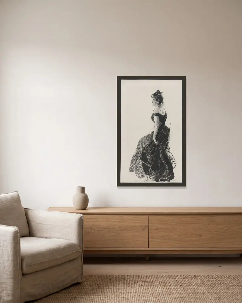 Dame im schwarzen Abendkleid von Charles Dana Gibson gerahmt an einer Wand