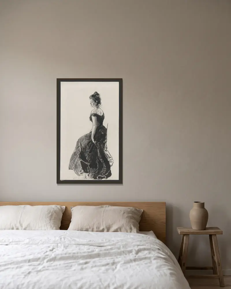 Dame im schwarzen Abendkleid von Charles Dana Gibson gerahmt an einer Wand