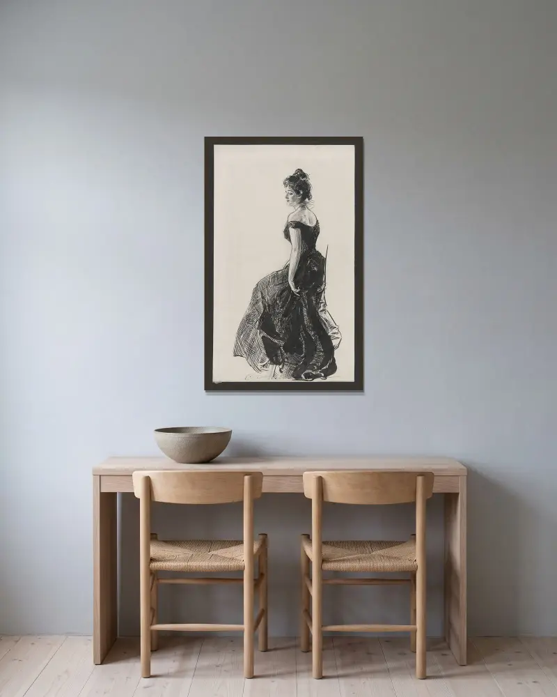 Dame im schwarzen Abendkleid von Charles Dana Gibson gerahmt an einer Wand