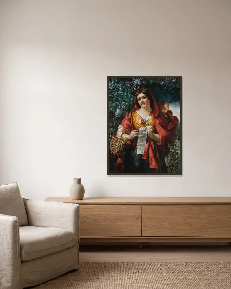 Der Balladenverkäufer von Daniel Maclise gerahmt an einer Wand