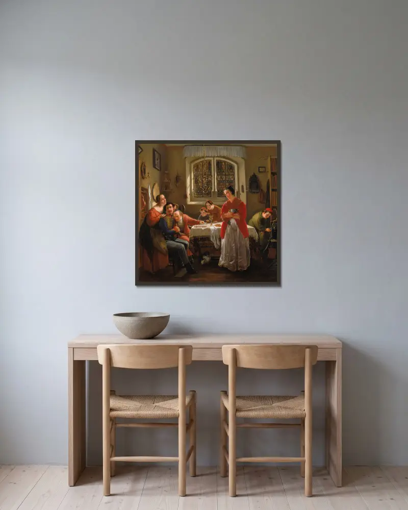The Return of the Volunteer from the Wars of Liberation to His Family Still Living in Accordance wit… av Moritz Daniel Oppenheim inramad på en vägg