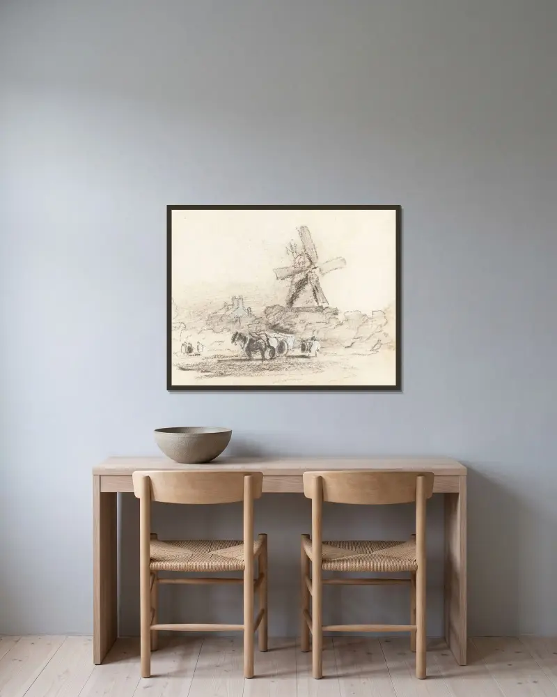 En vagn med två hästar nära en väderkvarn av David Cox inramad på en vägg