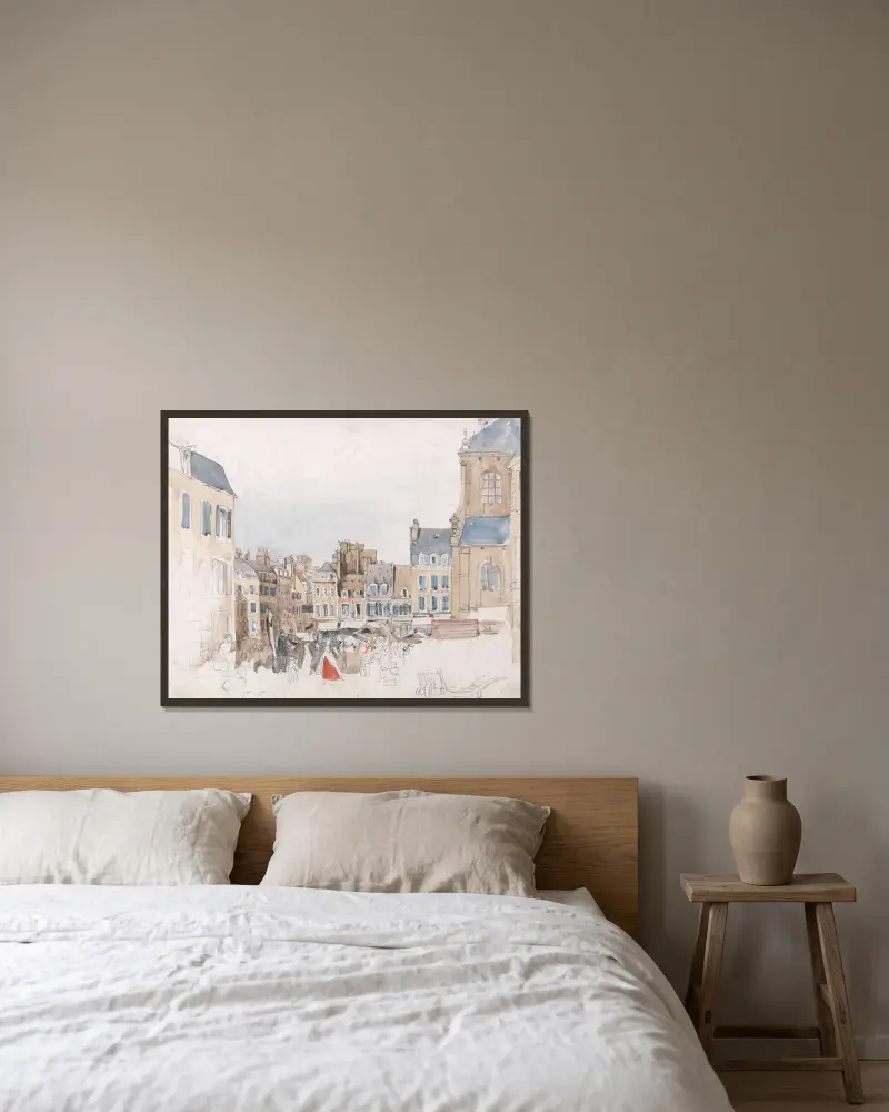 En fransk marknadsplats av David Cox inramad på en vägg