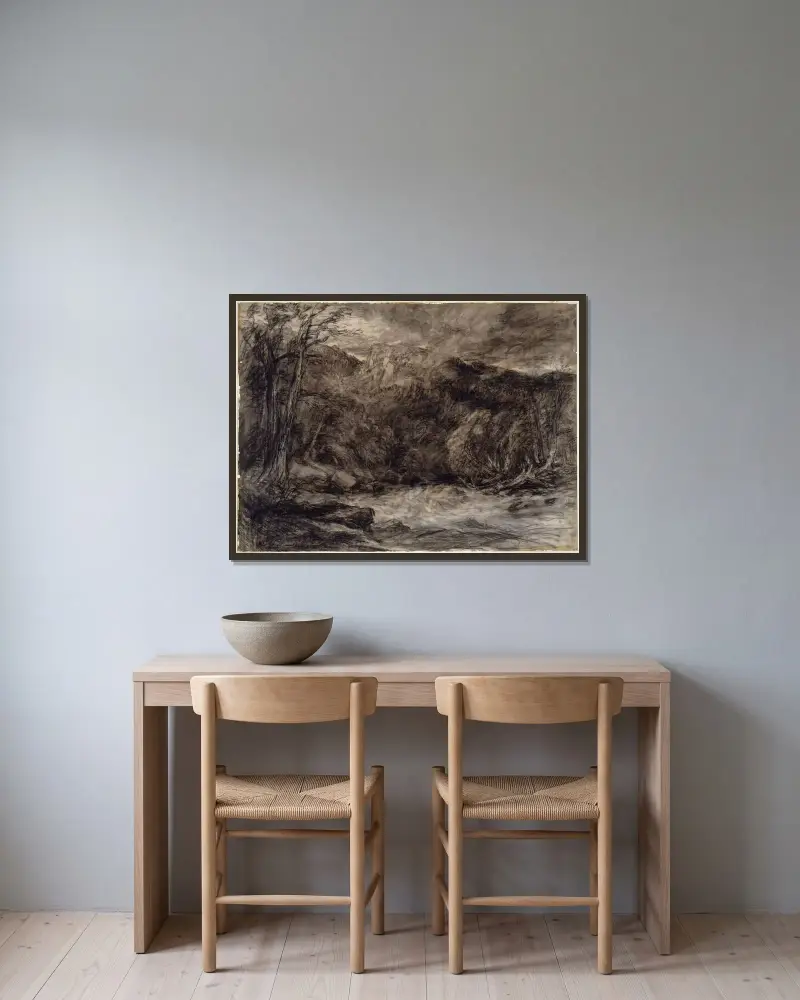 En bergsström av David Cox inramad på en vägg