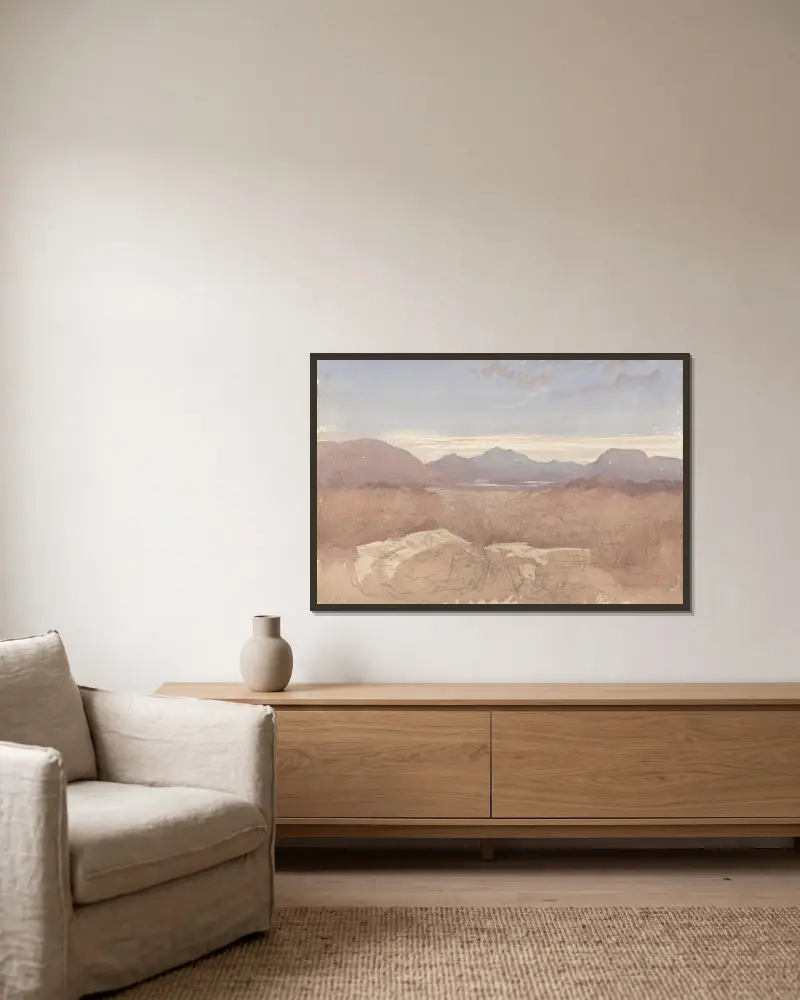 Bergige Aussicht, Nordwales von David Cox gerahmt an einer Wand
