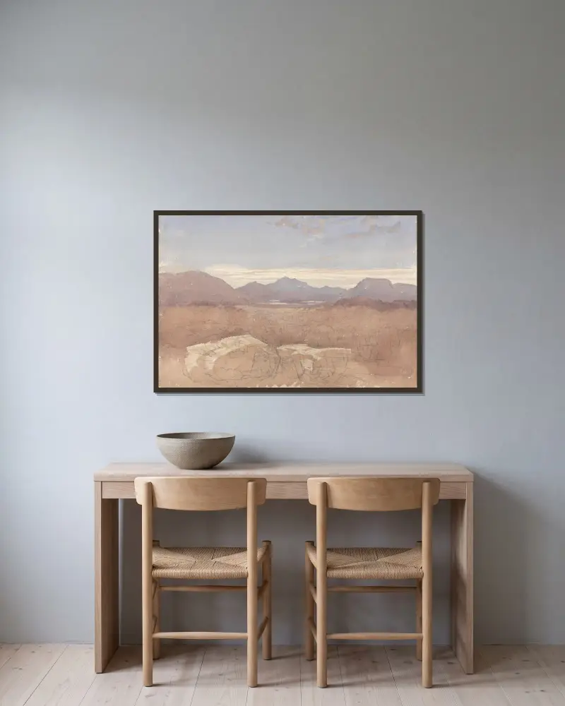 Bergige Aussicht, Nordwales von David Cox gerahmt an einer Wand