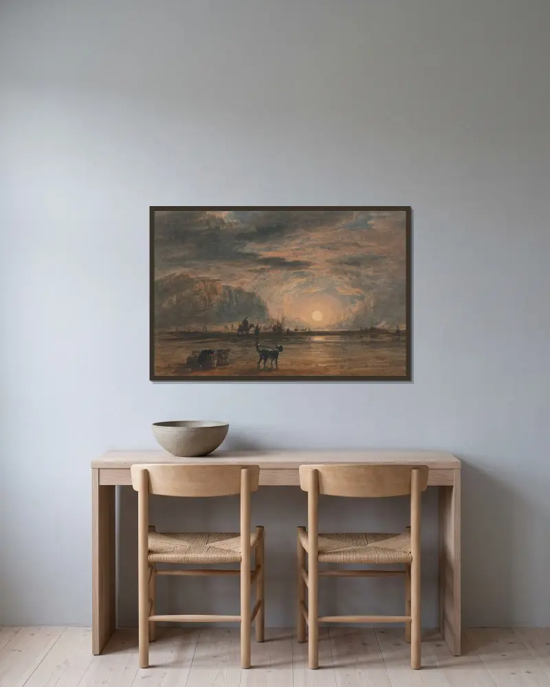 Strandscen, soluppgång av David Cox inramad på en vägg