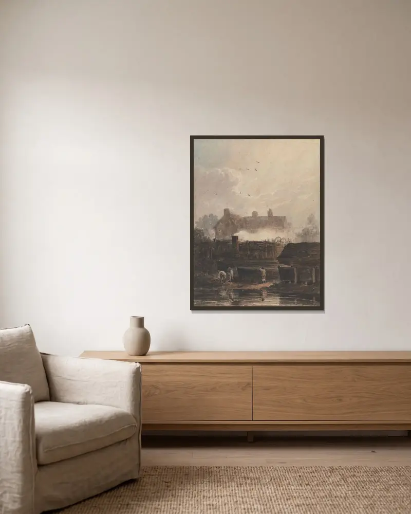 Båtbygge, varvet vid Birmingham av David Cox inramad på en vägg