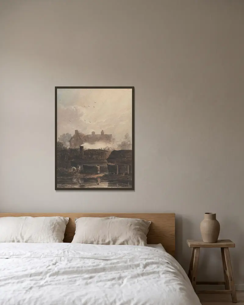 Båtbygge, varvet vid Birmingham av David Cox inramad på en vägg