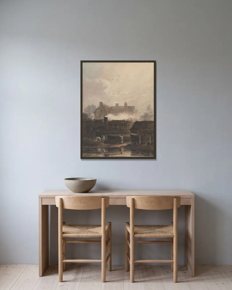 Båtbygge, varvet vid Birmingham av David Cox inramad på en vägg