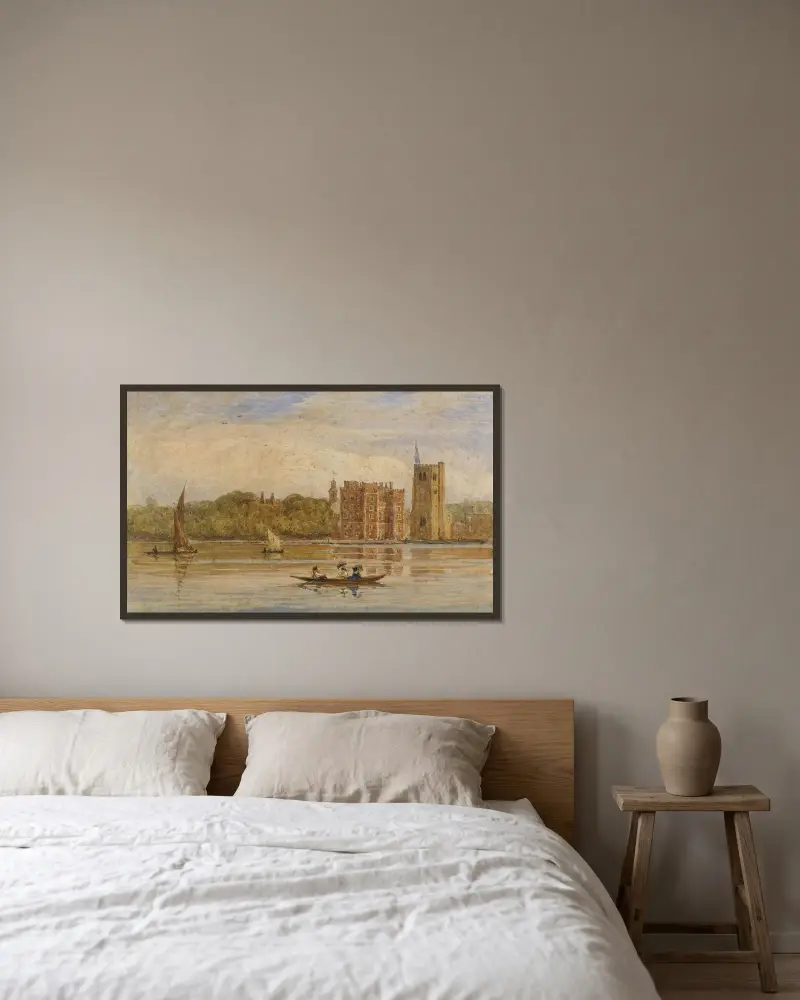 Rodd båt före Lambeth Palace, London av David Cox inramad på en vägg