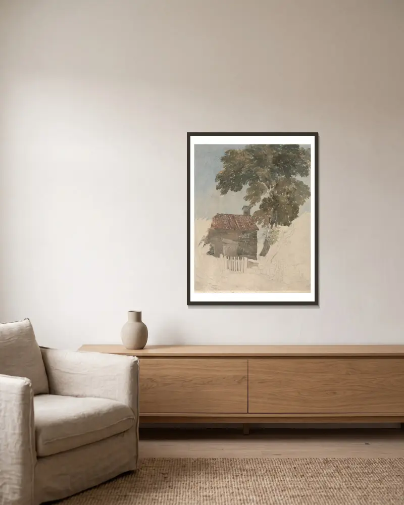 Chalupa a stromy, David Cox v rámu na stěně