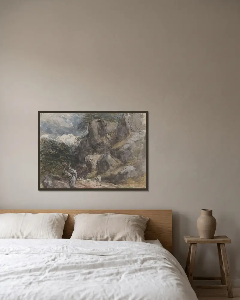 Driva får i ett klippigt landskap av David Cox inramad på en vägg