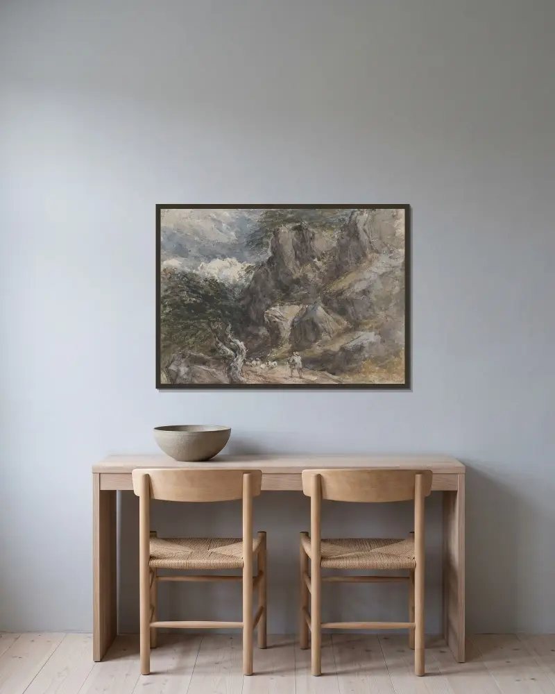 Driva får i ett klippigt landskap av David Cox inramad på en vägg